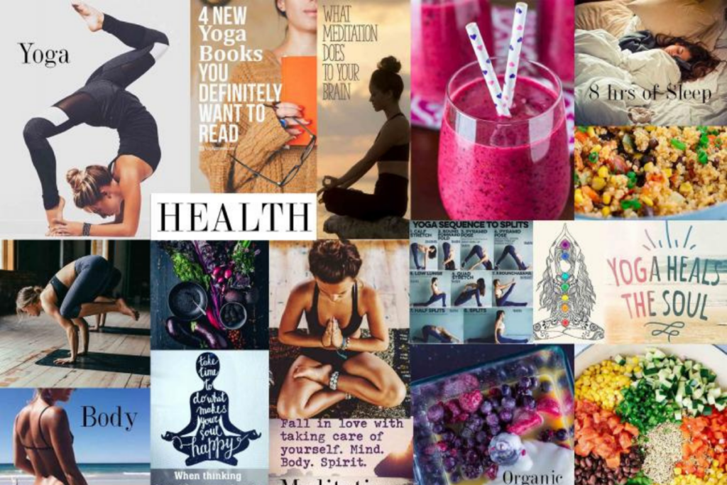 Collage of wellness marketing visuals featuring slim bodies, organic food, luxury retreats, and inspirational healing quotes — representing idealised and exclusionary wellness culture.