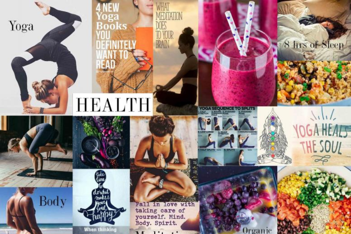 Collage of wellness marketing images showing idealised bodies, organic food, beaches, and simplified healing quotes.