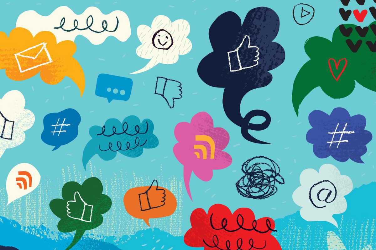 Colorful illustration of social media icons representing the role of digital presence for therapists